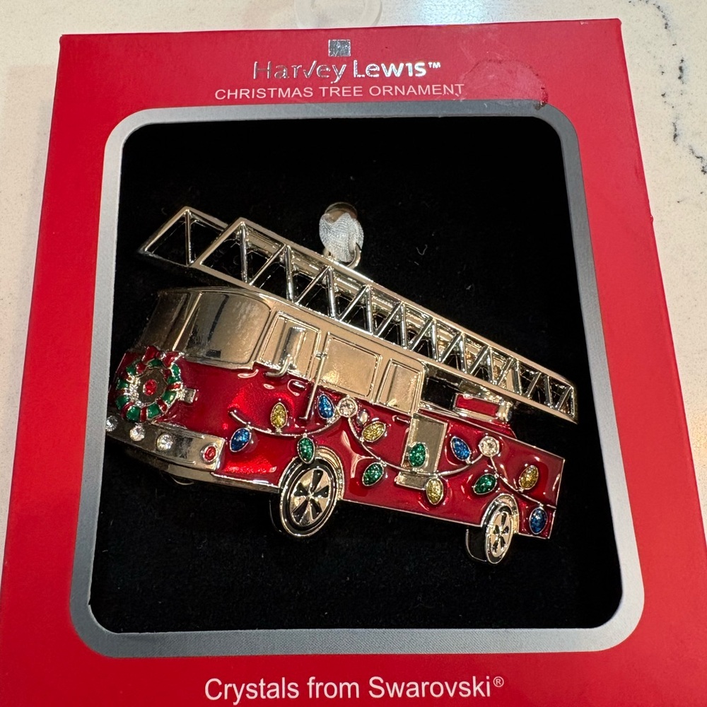 New  Harvey Lewis Fire Engine Truck Christmas Ornament Crystals Swarovski NIB